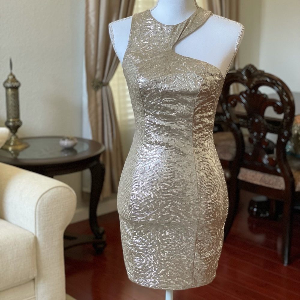 Champagne color embossed evening dress.